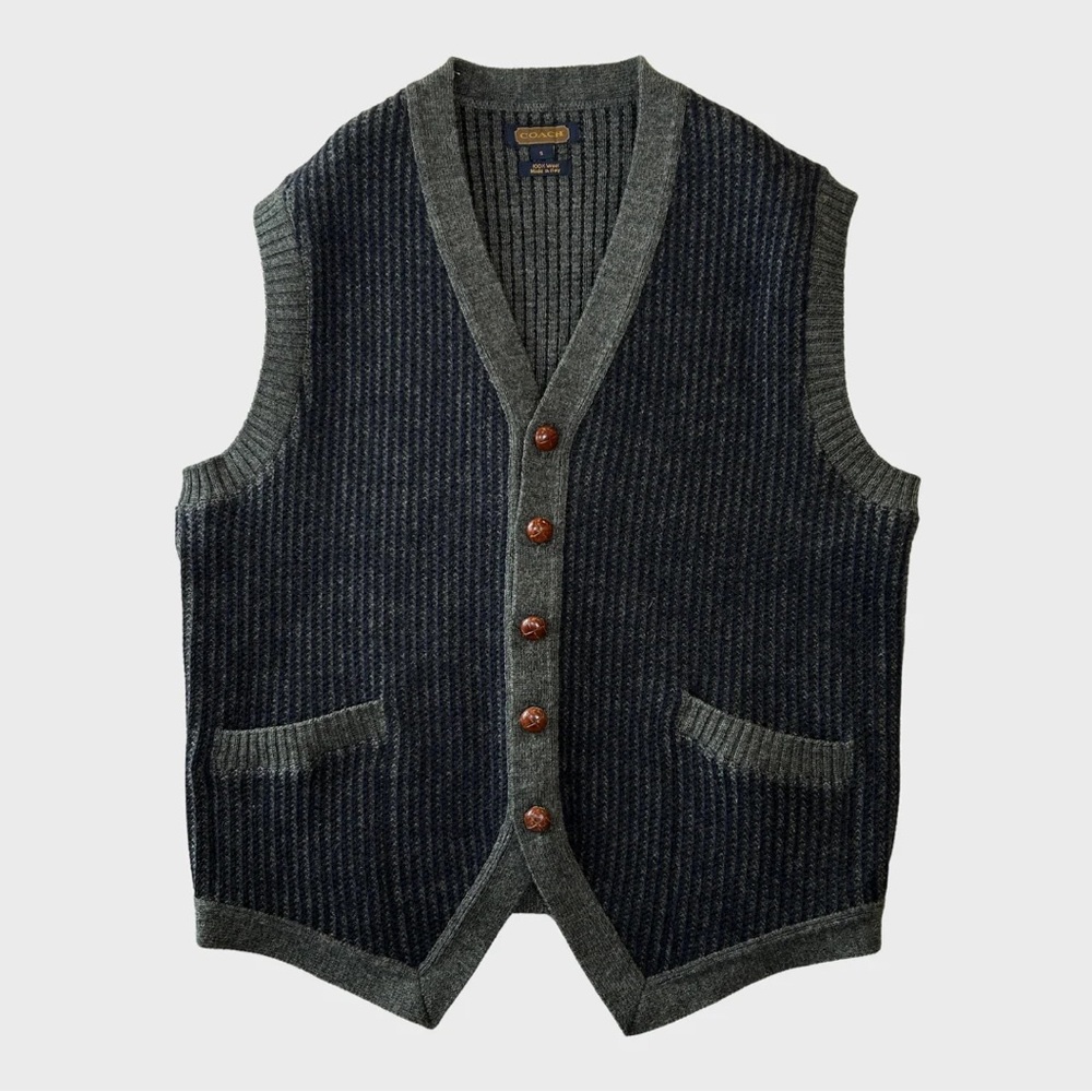 Coach Navy Blue & Grey Stripe Wool Sleeveless Sweater Vest